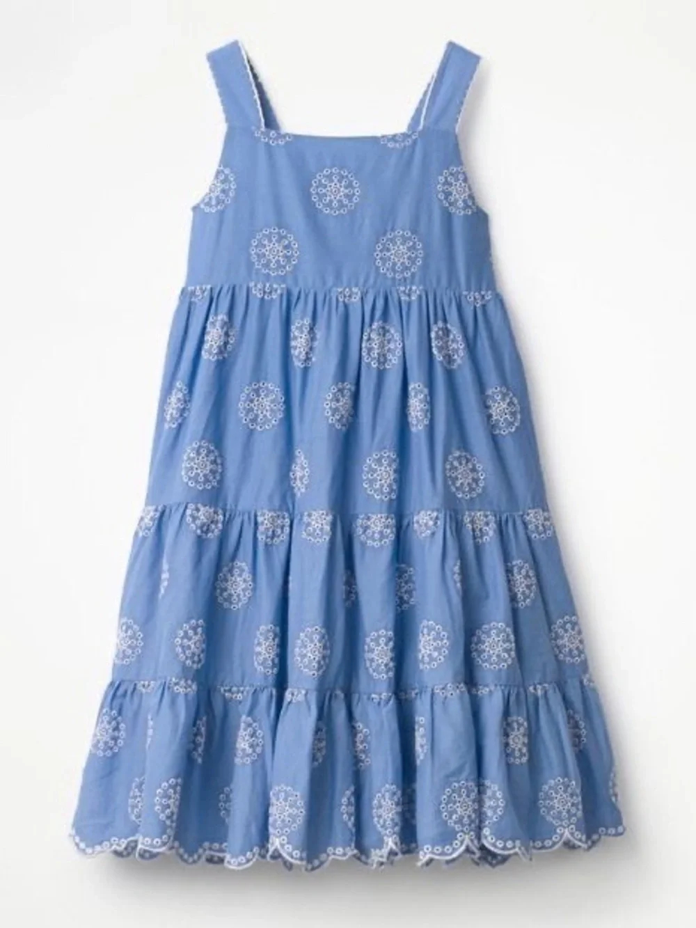 NWOT Mini Boden Blue Twirly Tiered Embroidered Sundress